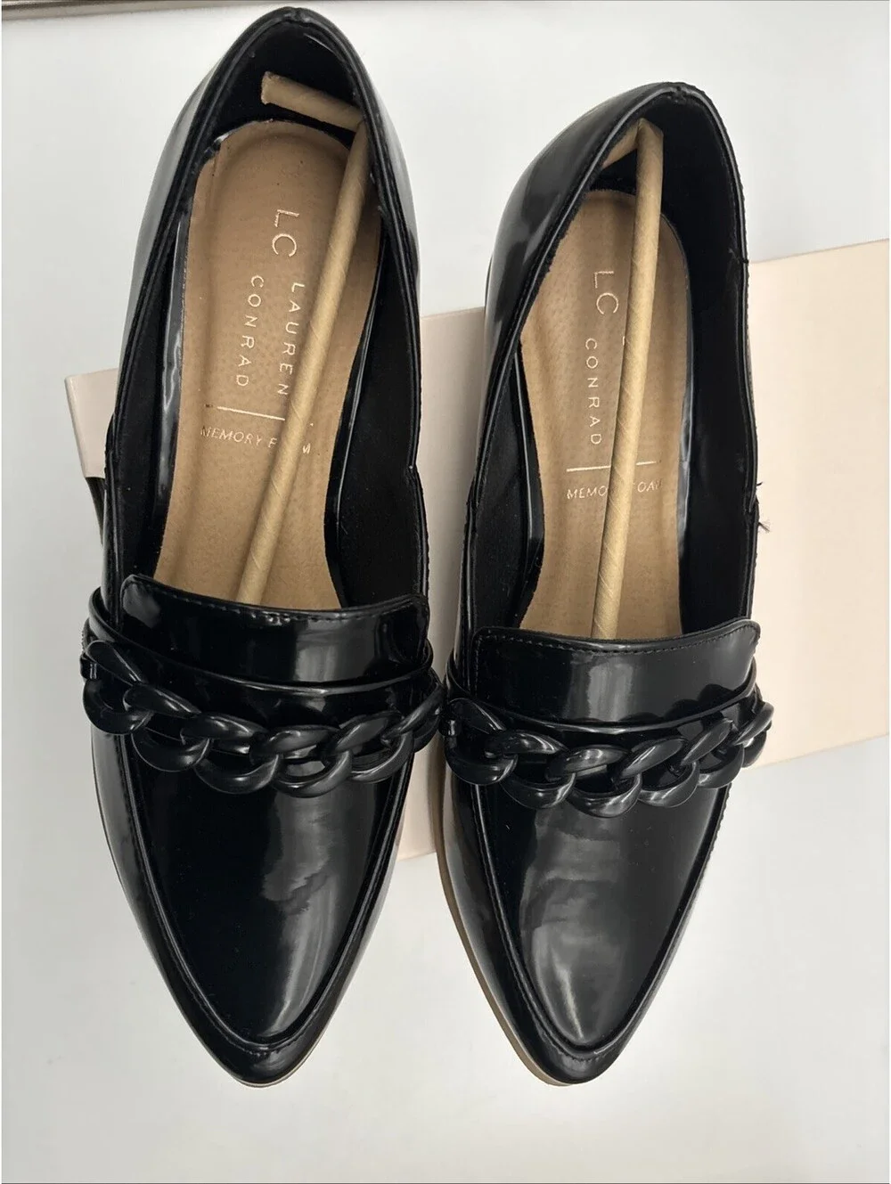 NWT Lauren Conrad Demll Women’s Black Memory Foam Shiny, Pointed Loafer Size 9 M
